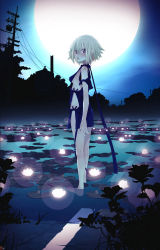 Rule 34 | 1girl, absurdres, barefoot, breasts, flower, fragile, fragile: sayonara tsuki no haikyo, from side, full body, full moon, glowing, highres, kneepits, looking at viewer, lotus, medium breasts, moon, namco, night, no panties, official art, power lines, ren (fragile), shallow water, short hair, sideboob, solo, utility pole, wading, water, white hair