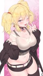 Rule 34 | 1girl, absurdres, bare shoulders, belt, black choker, black jacket, black shorts, black thighhighs, blonde hair, breasts, choker, cleavage, coco kaine, cowboy shot, crop top, hands up, highres, hololive, jacket, large breasts, long hair, looking at viewer, micro shorts, midriff, mole, mole on breast, mole under eye, nail polish, navel, off shoulder, one eye closed, open clothes, open jacket, open mouth, outside border, purple eyes, shirt, shorts, sleeveless, sleeveless shirt, solo, stomach, thighhighs, thighs, tonarikeru, tongue, tongue out, twintails, virtual youtuber, w, white shirt