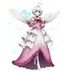 Rule 34 | 1girl, ahoge, angel wings, breasts, choker, cleavage, collarbone, detached sleeves, dress, feathered wings, female focus, fitoria (tate no yuusha no nariagari), full body, highres, layered dress, long dress, long sleeves, looking at viewer, nt xiki, official art, parted lips, pink eyes, short hair, silver hair, simple background, sitting, sleeveless, sleeveless dress, small breasts, solo, tate no yuusha no nariagari, white background, white dress, white footwear, white sleeves, white wings, wings