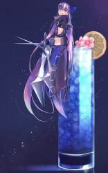Rule 34 | 1girl, absurdly long hair, armored boots, black jacket, blue background, blue eyes, blue ribbon, blush, boots, breasts, closed mouth, cropped jacket, cup, drinking glass, fate/extra, fate/extra ccc, fate (series), flower, food, fruit, gradient background, hair ribbon, highres, jacket, lemon, lemon slice, licking lips, long hair, long sleeves, looking at viewer, meltryllis (fate), mentaiko mamire, navel, oversized object, prosthesis, prosthetic leg, purple hair, ribbon, sitting, sleeves past fingers, sleeves past wrists, small breasts, smile, tongue, tongue out, very long hair