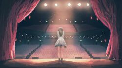 Rule 34 | 1girl, black hair, bowing, commentary request, dress, highres, indoors, long hair, original, saisho (qpoujr), seat, solo, stage, stage curtains, stage lights, theater, white dress