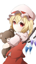 Rule 34 | 1girl, absurdres, blonde hair, doll, flandre scarlet, from behind, hat, highres, hug, hugging object, looking at viewer, looking back, mob cap, namagaki-san, pink hat, red eyes, solo, stuffed animal, stuffed toy, teddy bear, touhou, white background, wings