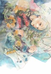 Rule 34 | 1girl, absurdres, artist name, black shirt, blue eyes, blue flower, blue hair, closed mouth, expressionless, flower, flower request, highres, leaf, long sleeves, lying, on side, original, painting (medium), paper, plant, red flower, shiratama anzu, shirt, short hair, solo, traditional media, upper body, watercolor (medium), watermark, yellow flower