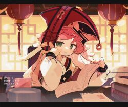 Rule 34 | 1girl, birthday, blush, book, book stack, ceiling, coin (ornament), detached sleeves, genshin impact, green eyes, hand on own face, hatsushiro mamimu, highres, holding, holding book, indoors, lantern, looking at viewer, paper lantern, paperwork, pink hair, pink nails, plate, red headwear, solo, white sleeves, wooden ceiling, yanfei (genshin impact)
