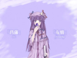 Rule 34 | 1girl, book, capelet, covering own mouth, crescent moon, english text, flower, hair ribbon, hat, holding, holding book, iris (flower), long hair, mob cap, moon, pajamas, patchouli knowledge, purple background, purple eyes, purple hair, ribbon, solo, touhou, worthlessvalor