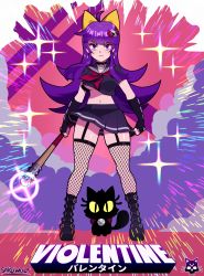 Rule 34 | 1girl, absurdres, ahoge, artist name, baseball bat, black cat, black choker, blunt bangs, boots, bow, breasts, cat, character name, choker, clenched hand, closed mouth, cross-laced footwear, detached sleeves, explosion, female focus, fishnet thighhighs, fishnets, frown, full body, goth fashion, hair ornament, highres, holding, holding weapon, large breasts, long hair, matching hair/eyes, navel, original, purple eyes, purple hair, sarukaiwolf, school uniform, shiny skin, short sleeves, skirt, skull hair ornament, solo, sparkle, thighhighs, underboob, v-shaped eyebrows, violentine (sarukaiwolf), weapon, yellow bow