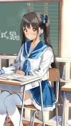 Rule 34 | 1girl, black hair, blue bow, blue neckerchief, blue sailor collar, blue skirt, blush, bow, brown eyes, chair, closed mouth, commentary request, desk, feet out of frame, flying sweatdrops, hair bow, highres, indoors, long hair, long sleeves, neckerchief, nose blush, on chair, original, pentagon (railgun ky1206), pleated skirt, puffy long sleeves, puffy sleeves, sailor collar, school chair, school desk, school uniform, serafuku, shirt, sitting, skirt, solo, thighhighs, twintails, very long hair, wavy mouth, white shirt, white thighhighs
