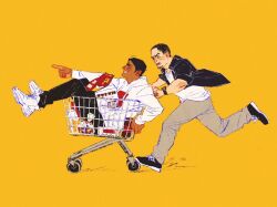 Rule 34 | 2boys, black eyes, black footwear, black hair, black jacket, black pants, brown pants, chengongzi123, commentary, contemporary, facial hair, full body, goatee stubble, golden kamuy, hand up, hands up, highres, hood, hood down, hoodie, in shopping cart, jacket, koito otonoshin, long sleeves, looking to the side, male focus, multiple boys, open mouth, pants, pointing, pushing, running, shirt, shoes, shopping cart, short hair, simple background, sitting, sneakers, stubble, symbol-only commentary, tsukishima hajime, very short hair, white footwear, white hoodie, white shirt, yellow background