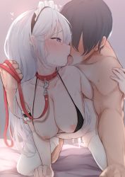 Rule 34 | 1boy, 1girl, all fours, arm strap, bdsm, bikini, bikini top only, black bikini, black hair, blush, breasts, collar, commentary request, cum, cum in pussy, cumdrip, doggystyle, french kiss, half-closed eyes, halterneck, happy sex, heart, heart-shaped pupils, hetero, highres, kiss, large breasts, leash, long hair, looking at another, maid headdress, micro bikini, nagatsukiin, nipples, nude, open mouth, original, cum overflow, purple eyes, saliva, saliva trail, sex, sex from behind, silver hair, slave, string bikini, sweat, swimsuit, symbol-shaped pupils, thighhighs, tongue, tongue out, vaginal, white thighhighs
