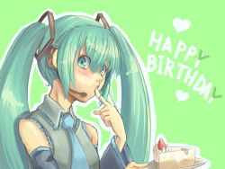Rule 34 | 1girl, aqua eyes, aqua hair, aryus, bad id, bad pixiv id, birthday, blush, cake, cake slice, detached sleeves, english text, food, green background, happy birthday, hatsune miku, headset, heart, long hair, necktie, pastry, plate, simple background, solo, twintails, very long hair, vocaloid