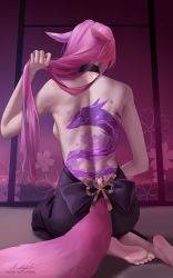 Rule 34 | 1girl, animal ears, back, back focus, back tattoo, barefoot, facing away, fox ears, fox tail, from behind, genshin impact, hand up, highres, holding, holding own hair, long hair, m alexa, pink hair, signature, sitting, solo, tail, tattoo, topless, twitter username, very long hair, yae miko