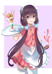 Rule 34 | 1girl, absurdly long hair, absurdres, blend s, bottle, brown hair, cowboy shot, food, gloves, highres, holding, holding tray, holmemee, ice cream, long hair, looking at viewer, parted lips, purple eyes, sakuranomiya maika, shaded face, solo, sundae, tray, twintails, very long hair, white gloves
