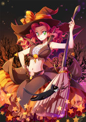 Rule 34 | 1girl, bad id, bad pixiv id, broom, cat, green eyes, hat, highres, kaminary, long hair, navel, original, red hair, solo, witch hat