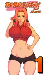 Rule 34 | 1girl, bike shorts, boyshorts, breasts, comic, cover, covered erect nipples, female focus, groin, haruno sakura, highres, huge breasts, impossible clothes, impossible shirt, jay-marvel, large breasts, lips, naruto, naruto (series), pink hair, shirt, simple background, solo, standing, taut clothes, taut shirt, text focus, white background, wide hips