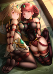 Rule 34 | 2girls, agent jack, armor, arms behind back, artist name, ass, asymmetrical docking, backless dress, backless outfit, bare shoulders, bdsm, bed sheet, black one-piece swimsuit, black panties, black pantyhose, blonde hair, blush, bondage, bound, bound arms, bound legs, breast press, breasts, chest jewel, closed mouth, collarbone, competition swimsuit, covered navel, dress, dual persona, earrings, faulds, from above, frown, full body, glint, highres, hogtie, impossible clothes, impossible swimsuit, jewelry, large breasts, long hair, looking at viewer, miniskirt, multiple girls, mythra (massive melee) (xenoblade), mythra (xenoblade), no shoes, on bed, one-piece swimsuit, panties, panties under pantyhose, pantyhose, parted lips, pixiv id, pleated skirt, pyra (xenoblade), red eyes, red hair, red shorts, short hair, short shorts, shorts, skirt, soles, swept bangs, swimsuit, swimsuit under clothes, thighhighs, tiara, underwear, variant set, very long hair, white skirt, xenoblade chronicles (series), xenoblade chronicles 2, yellow eyes