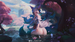 Rule 34 | 1girl, afloat, ahri (league of legends), animal, animal ears, aqua hair, ass, bare shoulders, bell, blue hair, blue sky, cherry blossoms, cloud, cloudy sky, collar, dripping, eyeshadow, facial mark, fingernails, flower, fmm cat, fox, fox ears, fox tail, fur trim, grass, hair bell, hair ornament, highres, kitsune, league of legends, lily pad, long fingernails, long hair, long sleeves, looking at viewer, looking back, lotus, makeup, moss, mountain, multicolored hair, multiple tails, nail polish, neck bell, off shoulder, orange eyes, outdoors, petals, pink flower, pink nails, red collar, red lips, rock, sharp fingernails, shiny skin, sitting, sky, spirit, spirit blossom ahri, standing, tail, torii, tree, very long fingernails, water, wet, whisker markings, white hair, wide sleeves