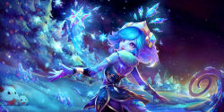 Rule 34 | 1girl, 2019, armband, armlet, black eyes, blue hair, blue nails, blush, bracelet, closed eyes, frozen, fur trim, gem, highres, ice, jewelry, kanmai x sou, league of legends, medium hair, multicolored hair, nail polish, neeko (league of legends), parted lips, pink lips, poro (league of legends), purple eyes, purple hair, reflection, signature, silhouette, snow, snowflakes, snowing, sparkle, sparkling eyes, star (symbol), tail, tattoo, tongue, tongue out, tree, winter wonder neeko