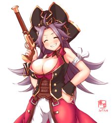 Rule 34 | 10s, 1girl, breasts, cleavage, cosplay, dated, closed eyes, fate/extra, fate/grand order, fate (series), francis drake (fate), francis drake (fate) (cosplay), gun, hat, highres, jun&#039;you (kancolle), kanon (kurogane knights), kantai collection, large breasts, look-alike, pirate costume, pirate hat, purple hair, simple background, sleeveless, smile, spiked hair, weapon, wrist cuffs