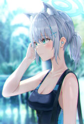 Rule 34 | 1girl, absurdres, animal ear fluff, animal ears, bare arms, black shirt, blue archive, blurry, blurry background, breasts, cat ears, cleavage, closed mouth, cross hair ornament, earphones, green eyes, grey hair, hair between eyes, hair ornament, highres, medium breasts, medium hair, shiroko (blue archive), shirt, short ponytail, sideboob, sleeveless, sleeveless shirt, smile, solo, upper body, yeolyeo