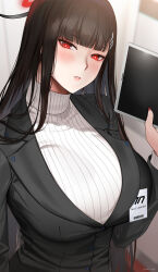 Rule 34 | 1girl, absurdres, black hair, black jacket, blue archive, blunt bangs, blush, breasts, deras, glowing, glowing eyes, hair ornament, hairclip, halo, highres, jacket, large breasts, long hair, long sleeves, looking at viewer, parted lips, red eyes, ribbed sweater, rio (blue archive), solo, sweater, tablet pc, turtleneck, turtleneck sweater, white sweater