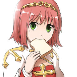 Rule 34 | 1girl, arch bishop (ragnarok online), bread slice, circlet, cleavage cutout, closed mouth, clothing cutout, commentary request, cross, dress, female focus, food, food in mouth, green eyes, juliet sleeves, long sleeves, looking at viewer, mouth hold, natsuya (kuttuki), pink hair, puffy sleeves, ragnarok online, red dress, short hair, simple background, solo, toast, toast in mouth, two-tone dress, upper body, white background, white dress