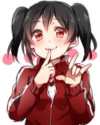 Rule 34 | 10s, 1girl, \m/, bad id, bad pixiv id, black hair, blush, bow, close-up, finger to mouth, gym uniform, hair bow, jacket, kuromiwa-38, looking at viewer, love live!, love live! school idol project, red eyes, shushing, smile, solo, tareme, track jacket, track suit, twintails, upper body, yazawa nico