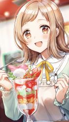 Rule 34 | blurry, blurry background, blush, brown eyes, cardigan, collared dress, commentary request, cream, dress, food, frilled sleeves, frills, fruit, green cardigan, highres, holding, holding spoon, ice cream, idolmaster, idolmaster shiny colors, indoors, light brown hair, long sleeves, medium hair, neck ribbon, open mouth, parfait, pom pom (clothes), ribbon, sakuragi mano, shinishi chiho, sidelocks, signature, smile, solo, spoon, strawberry, upper body, white dress, yellow ribbon