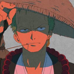 Rule 34 | 1boy, alternate costume, black eyes, commentary, earrings, green hair, hat, jewelry, male focus, mouth hold, obobkkp, one piece, roronoa zoro, short hair, single earring, solo, toothpick
