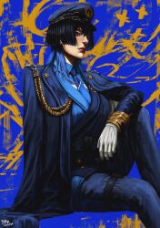 Rule 34 | 1girl, aiguillette, artist name, blue background, blue eyes, blue hair, blue necktie, blue shirt, blue sleeves, chain, chain earrings, closed mouth, coat, coat on shoulders, collared shirt, gloves, hat, highres, hololive, hololive english, lapel pin, medal, military hat, military uniform, necktie, official alternate costume, official alternate hairstyle, ouro kronii, ouro kronii (4th costume), shirt, simple background, solo, steb, uniform, upper body, virtual youtuber, white gloves, wolf cut