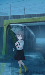 Rule 34 | 1girl, black ribbon, black skirt, blush, boots, bridge, brown eyes, brown hair, chihuri, closed mouth, collared shirt, commentary request, crack, cracked floor, dark, earrings, hair between eyes, hatoba tsugu, hatoba tsugu, highres, holding, holding umbrella, jewelry, looking at viewer, mole, mole under eye, neck ribbon, outdoors, overpass, puddle, rain, ribbon, ripples, road, rubber boots, shirt, short sleeves, sidewalk, skirt, solo, street, transparent, transparent umbrella, umbrella, virtual youtuber, walking, water, white shirt, yellow footwear