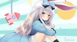 Rule 34 | 1girl, animal ears, artist name, blonde hair, blue jacket, blush, bow, brown eyes, closed mouth, commentary request, diagonal stripes, dress, from side, grey hair, hair bow, hair ornament, highres, hugging own legs, indie virtual youtuber, jacket, jampen, long hair, long sleeves, looking at viewer, mochizuki himari, multicolored hair, rabbit ears, rocket, smile, solo, star (symbol), streaked hair, striped, virtual youtuber