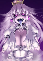 Rule 34 | 1girl, 4shi, black sclera, breasts, collar, colored sclera, commentary, commentary request, crown, dark background, drooling, earrings, evil smile, eyelashes, frilled collar, frills, gloves, highres, jewelry, large breasts, looking at viewer, luigi&#039;s mansion, mario (series), mini crown, new super mario bros. u deluxe, nintendo, open mouth, pale skin, princess king boo, puffy short sleeves, puffy sleeves, purple eyes, saliva, sharp teeth, short sleeves, smile, solo, super crown, teeth, tongue, tongue out, upper body, white gloves, white hair