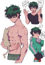 Rule 34 | 1boy, animal, arm behind head, arm up, bare pectorals, blush, bodysuit, boku no hero academia, cat, freckles, green eyes, green hair, male focus, midoriya izuku, multiple views, muscular, aged up, open mouth, pants, pectorals, scar, short hair, simple background, sin11111, skin tight, smile, sweatpants, tight clothes