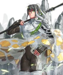Rule 34 | 1boy, bara, black hair, bodysuit, bulge, bun cover, cape, chinese clothes, covered navel, facial hair, fate/grand order, fate (series), fingerless gloves, genderswap, genderswap (ftm), gloves, green eyes, hand on own hip, jin (sirius-j), large pectorals, long hair, looking at viewer, mahou kyuuri, male focus, muscular, muscular male, pectorals, polearm, qin liangyu (fate), sidelocks, simple background, skin tight, solo, thighs, weapon