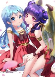 Rule 34 | 2girls, absurdres, aged down, alternate costume, aqua eyes, aqua hair, arm support, armlet, bare legs, bare shoulders, belt, blunt bangs, bow, bracelet, china dress, chinese clothes, closed mouth, collarbone, dragon girl, dragon wings, dress, dress bow, eirika (fire emblem), embarrassed, falling petals, feet out of frame, fire emblem, fire emblem: the sacred stones, flat chest, frills, gold trim, green wings, groping, hair tie, hand on another&#039;s leg, hand on thigh, highres, jewelry, kneeling, large bow, long hair, looking at viewer, looking back, mikazuki mika, miniskirt, multi-tied hair, multiple girls, myrrh (fire emblem), nintendo, on floor, pale skin, parted lips, petals, purple hair, red bow, red dress, red eyes, red skirt, sideways glance, skirt, sleeveless, smile, thighs, twintails, white background, wings, worried, yellow wings, yuri