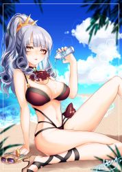 Rule 34 | 1girl, ascot, bare arms, bikini, blue nails, blue sky, breasts, carmilla (fate), carmilla (summertime mistress) (fate), cleavage, cloud, cloudy sky, day, fate/grand order, fate (series), fingernails, glint, jewelry, large breasts, long hair, looking at viewer, lotion, lotion bottle, mokokiyo (asaddr), nail polish, navel, necklace, outdoors, ponytail, red bikini, revision, sharp fingernails, silver hair, sitting, sky, solo, summer, sunglasses, swimsuit, yellow eyes