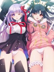 Rule 34 | 10s, 2girls, ;p, akao ppai, bb (fate), bb (fate/extra), black hair, black thighhighs, blush, breasts, crown, earrings, fate/extra, fate/extra ccc, fate/grand order, fate (series), hand in pocket, ishtar (fate), ishtar (swimsuit rider) (fate), jacket, jewelry, long hair, multiple girls, one eye closed, pink legwear, purple eyes, purple hair, red eyes, single thighhigh, smile, thighhighs, tohsaka rin, tongue, tongue out, twintails