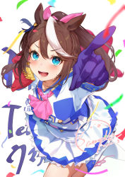 Rule 34 | 1girl, ascot, blue eyes, bow, breasts, brown hair, buttons, cape, character name, commission, confetti, dated, double-breasted, epaulettes, flaya9247, gloves, highres, horse girl, jacket, long hair, long sleeves, looking at viewer, multicolored hair, open mouth, pink ascot, pink bow, purple gloves, red cape, signature, simple background, single epaulette, smile, solo, streaked hair, teeth, tokai teio (umamusume), umamusume, white background, white footwear, white jacket