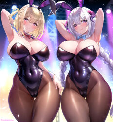 Rule 34 | 2girls, animal ears, armpits, arms up, azur lane, bare shoulders, black leotard, blonde hair, blush, bow, bowtie, braid, breasts, brown pantyhose, cameltoe, cleavage, closed mouth, covered navel, cowboy shot, curvy, detached collar, fake animal ears, gluteal fold, grey hair, hair between eyes, hand on own hip, highleg, highleg leotard, highres, horns, large breasts, leipzig (azur lane), leotard, licking lips, long hair, looking at viewer, matching outfits, multiple girls, nuernberg (azur lane), one side up, pantyhose, pink nails, playboy bunny, purple eyes, rabbit ears, shiny clothes, smile, stage, stage lights, strapless, strapless leotard, studiopokotan, thigh gap, tongue, tongue out, traditional bowtie, twin braids, very long hair, wide hips, wrist cuffs