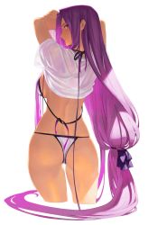 Rule 34 | 1girl, alexadrufcs, ass, azusa (hws), bikini, breasts, cowboy shot, fate (series), female focus, large breasts, long hair, looking at viewer, looking back, low-tied long hair, medusa (fate), medusa (rider) (fate), purple eyes, purple hair, see-through, shirt, sideboob, solo, swimsuit, transparent background, very long hair, wet