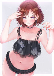Rule 34 | 1girl, absurdres, bare shoulders, bikini, black bikini, black choker, blush, breasts, brown hair, choker, cleavage, closed mouth, collarbone, commentary request, cowboy shot, earrings, gluteal fold, grey background, groin, hair intakes, hair ornament, hairclip, hands up, highres, higuchi madoka, idolmaster, idolmaster shiny colors, jewelry, looking at viewer, medium breasts, midriff, mole, mole under eye, nail polish, navel, purple eyes, red nails, short hair, sidelocks, simple background, solo, spiked choker, spikes, standing, swimsuit, thigh gap, tutinako, w arms, wet, white background