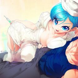 1boy 1girl blanket blue_eyes blue_hair blue_tank_top breasts bulma cleavage couple covered_abs dragon_ball dragon_ball_super faceless faceless_male garter_straps girl_on_top hat hetero holding holding_syringe husband_and_wife large_breasts looking_at_viewer muscular muscular_male nurse nurse_cap ommmyoh open_mouth pixie_cut short_hair solo_focus syringe tank_top thighhighs twitter_username under_covers vegeta white_garter_straps white_thighhighs