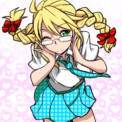 Rule 34 | 1girl, ahoge, alternate hairstyle, blonde hair, bow, clearite, glasses, green eyes, hair bow, heart, hoshii miki, idolmaster, idolmaster (classic), long hair, lowres, one eye closed, skirt, smile, solo, twintails, wink