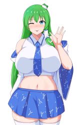 Rule 34 | 1girl, ;p, bare shoulders, blue eyes, blue necktie, blue skirt, blush, breasts, cowboy shot, detached sleeves, frog hair ornament, green hair, hair ornament, hair tubes, hand up, highres, huge breasts, kochiya sanae, long hair, looking at viewer, midarin, midriff, navel, necktie, nose blush, one eye closed, simple background, skirt, snake hair ornament, solo, thighhighs, tongue, tongue out, touhou, very long hair, waving, white background, white thighhighs, wide sleeves, ||/