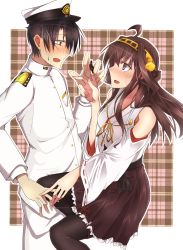 Rule 34 | 10s, 1boy, 1girl, admiral (kancolle), ahoge, bare shoulders, black hair, black thighhighs, blush, breasts, brown hair, chocolate, detached sleeves, double bun, hair bun, hairband, hat, headgear, highres, jacket, japanese clothes, kantai collection, kongou (kancolle), long hair, military, military uniform, naval uniform, nontraditional miko, open mouth, pants, personification, shijou hasekura, short hair, skirt, smile, thighhighs, uniform, valentine
