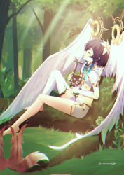 Rule 34 | 1boy, androgynous, barefoot, black hair, blue hair, braid, capelet, closed eyes, closed mouth, commentary request, crop top, feathered wings, flower, forest, from side, genshin impact, gradient hair, grass, hair flower, hair ornament, highres, holding, holding instrument, hood, hood down, hooded capelet, instrument, leaning, lyre, male focus, midriff, multicolored hair, nature, navel, short hair with long locks, single thighhigh, sleeveless, smile, solo, thighhighs, totomagg, tree, twin braids, twitter username, venti (archon) (genshin impact), venti (genshin impact), white flower, white thighhighs, wings