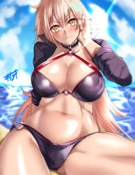 Rule 34 | 1girl, absurdres, beach, bikini, black bikini, black jacket, blonde hair, blue sky, blush, breasts, choker, cleavage, closed mouth, collarbone, cropped jacket, day, fate/grand order, fate (series), hair between eyes, hand in own hair, highres, hip focus, huge filesize, jacket, jeanne d&#039;arc alter (swimsuit berserker) (fate), jeanne d&#039;arc (fate), jeanne d&#039;arc alter (fate), jeanne d&#039;arc alter (swimsuit berserker) (fate), kisaragi tsurugi, large breasts, long hair, looking at viewer, navel, o-ring, shrug (clothing), sky, smile, solo, sunlight, sweatdrop, swimsuit, tan, thighs, very long hair, yellow eyes