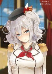 Rule 34 | 1girl, beret, black hat, blue eyes, blurry, blurry background, blush, box, breasts, cardboard box, closed mouth, curtains, dated, epaulettes, grey hair, hair between eyes, hat, indoors, kancolle arcade, kantai collection, kashima (kancolle), large breasts, long hair, looking at viewer, military, military uniform, mimamui, solo, twintails, twitter username, uniform, upper body, wavy hair, window