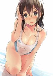 Rule 34 | 1girl, all fours, amamiya natsumi, bad id, bad twitter id, black hair, blush, breasts, cleavage, collarbone, competition swimsuit, green eyes, hand on own face, highres, kekemotsu, large breasts, long hair, looking at viewer, on one knee, one-piece swimsuit, open mouth, original, solo, swimsuit, wet, wet clothes, wet swimsuit, white one-piece swimsuit