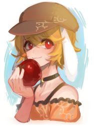 Rule 34 | 1girl, animal ears, apple, bare shoulders, blonde hair, rabbit ears, choker, colorized, crescent, flat cap, floppy ears, food, fruit, hat, highres, keemoringo, looking at viewer, md5 mismatch, name connection, object namesake, orange shirt, portrait, red eyes, resized, ringo (touhou), shirt, short hair, sketch, smile, solo, touhou